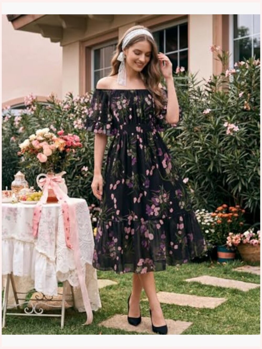 Off Shoulder Midi Dress Ruffle Sleeve Smocked Elastic Waist Flowy Boho - Picture 3 of 7